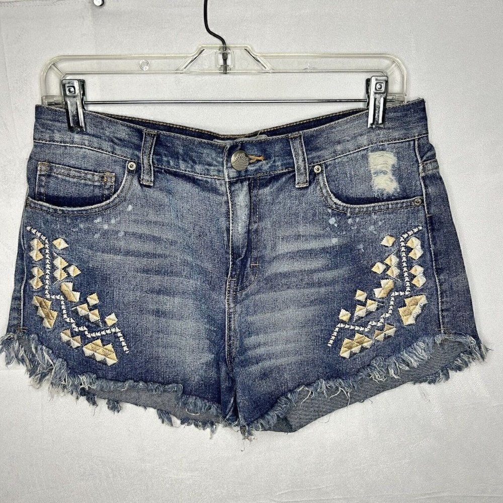 Free People Tulum Medium Wash Cut-Off Denim Jean Festival Embroidered Shorts 28